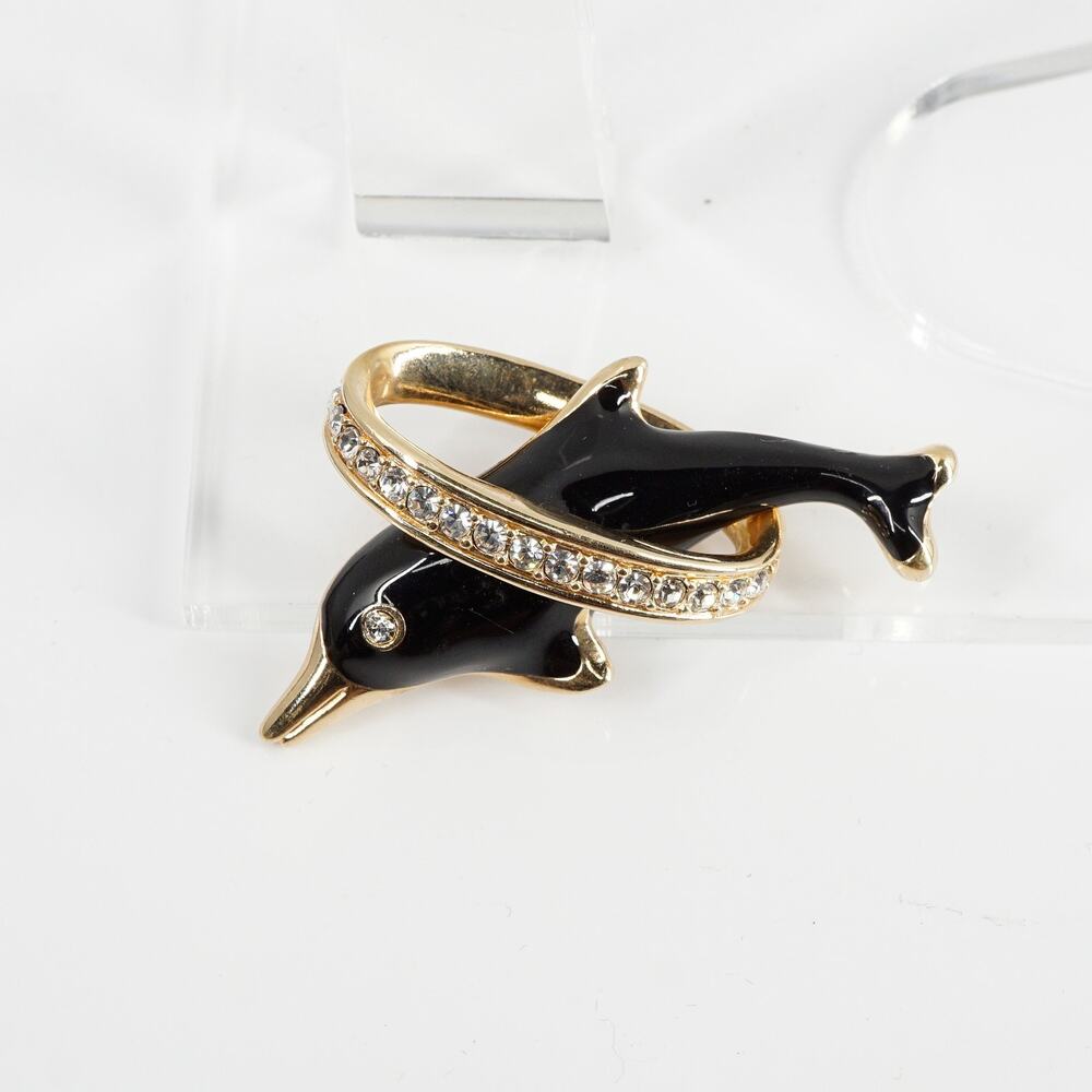 Vintage Swarovski Dolphin Pendant Black Enamel Gold-Tone Crystal Articulated